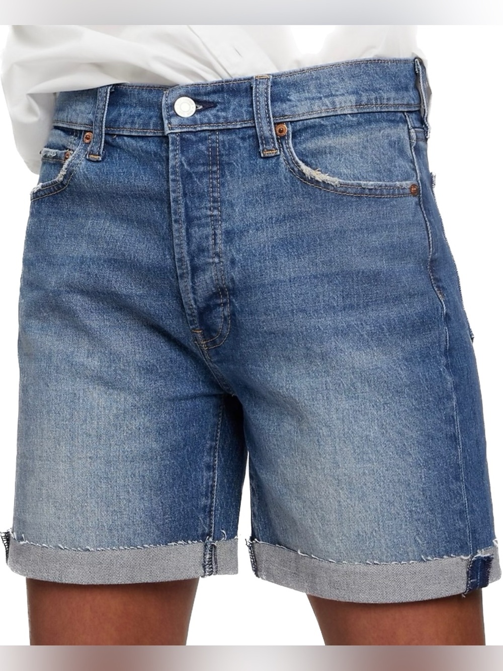 Gap High Rise Cheeky Midi Shorts, medium wash
